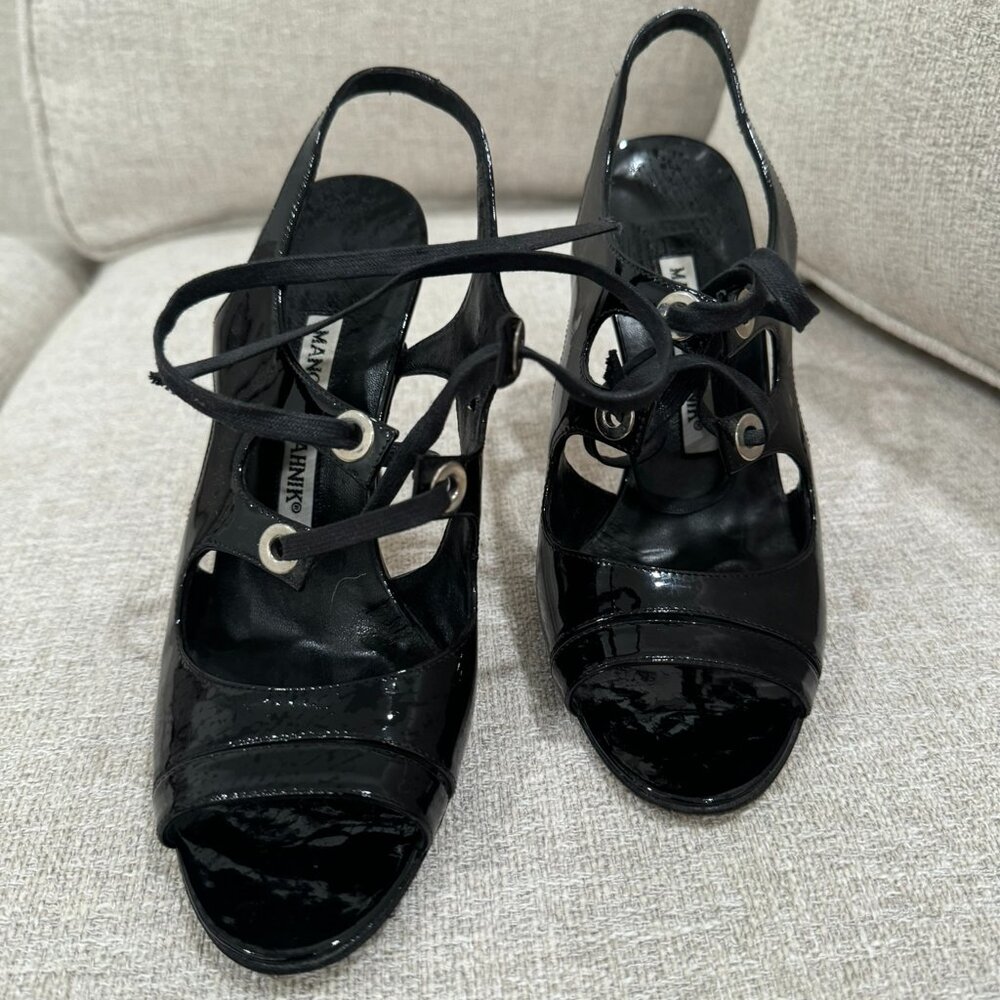 Manolo Blahnik lace up black patent open toe sling back size 35